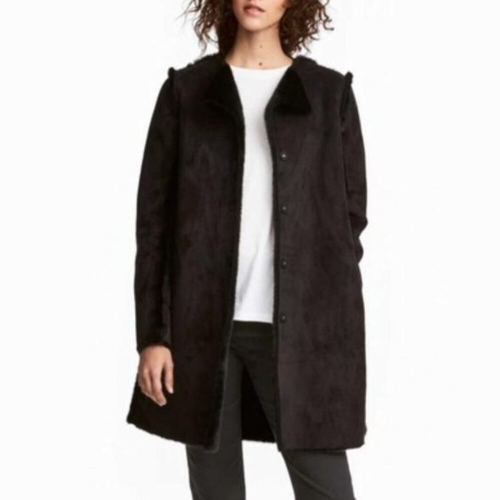 H & M Faux Suede & Fur Coat Jacket, Size 2, Black, Hidden Buttons & 2 Pockets